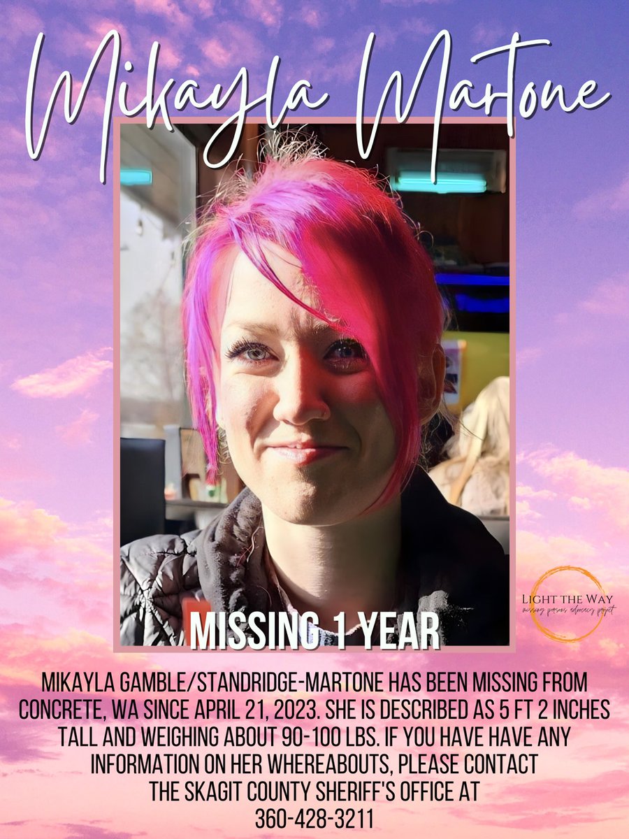 #MikaylaMartone aka Mikayla Gamble/Standridge-Martone, has been #missing since April 21, 2023 from Concrete, #Washington. Her family stated that she tried to call 911 at 5am on April 21, 2023 but shortly after her phone died and she was disconnected. Mikayla is 5’2” tall, 90-100