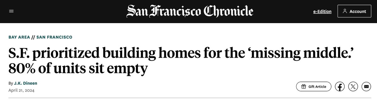 Must read @SFjkdineen story on SF's 'inclusionary housing' program for middle-income households. It's yielding mass vacancy rather than housed middle-income families. Why? B/c of panoply of death-by-good-intention allocation & pricing rules. 🧵/12. sfchronicle.com/sf/article/mis…