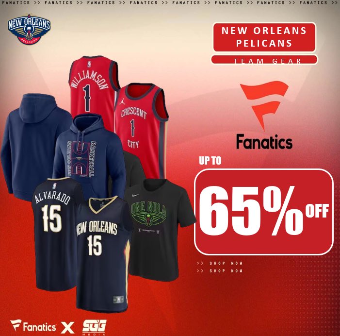 65% OFF PELICANS GEAR, @Fanatics , NBA PLAYOFF SPECIAL ENDS TONIGHT! 📈 NOLA FANS‼️Gear up for the Pelicans playoff run and get up to 65% OFF Pelicans gear thanks to Fanatics using THIS FREE SHIPPING LINK: fanatics.93n6tx.net/NOLAPLAYOFFS 🏆    LIMITED SUPPLIES! DEAL ENDS TONIGHT! 🏀