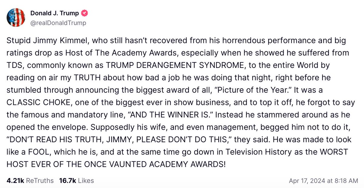 #TRE45ON is still obsessing over one of @jimmykimmel’s AcademyAwards jokes from over a month ago.

It is nothing short of a miracle that we made it through four years of this sociopath.