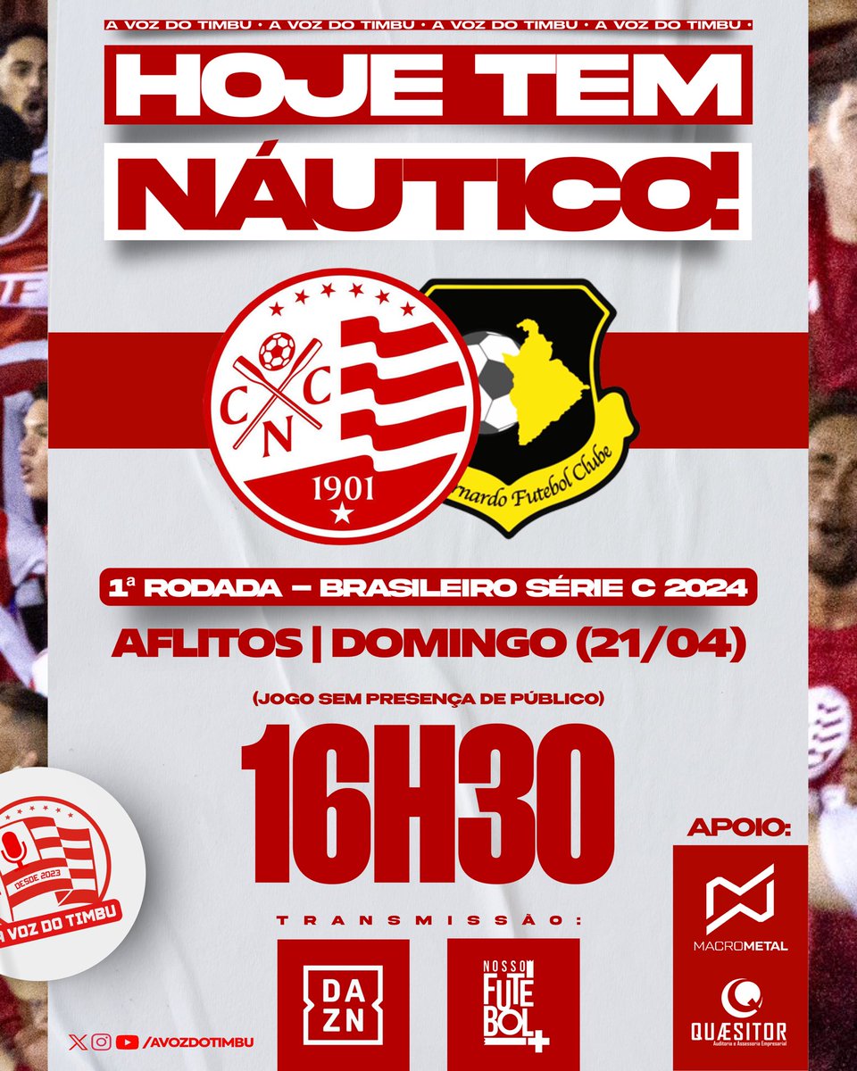 avozdotimbu's tweet photo. HOJE TEM NÁUTICO! #PraCimaDelesTimbu 🇦🇹
🆚 Náutico x São Bernardo/SP
🏆 Campeonato Brasileiro Série C 2024
🏁 1ª Rodada
📅 Domingo (21/04)
⏰ 16h30
📍 Aflitos
📺 DAZN e Nosso Futebol
Apoio: Macro Metal | Quaesitor Assessoria Contábil
#AVozDoTimbu 📢🐭 https://t.co/HXLQ2C8Jhz