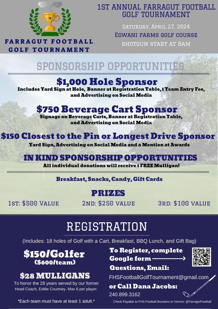 Next week's FHS Football 1st Annual Golf Tournament ⛳ Have you registered yet? Limited spots available. #fhsfootball #golftournament @coachtatefhs20 @FarragutFB
