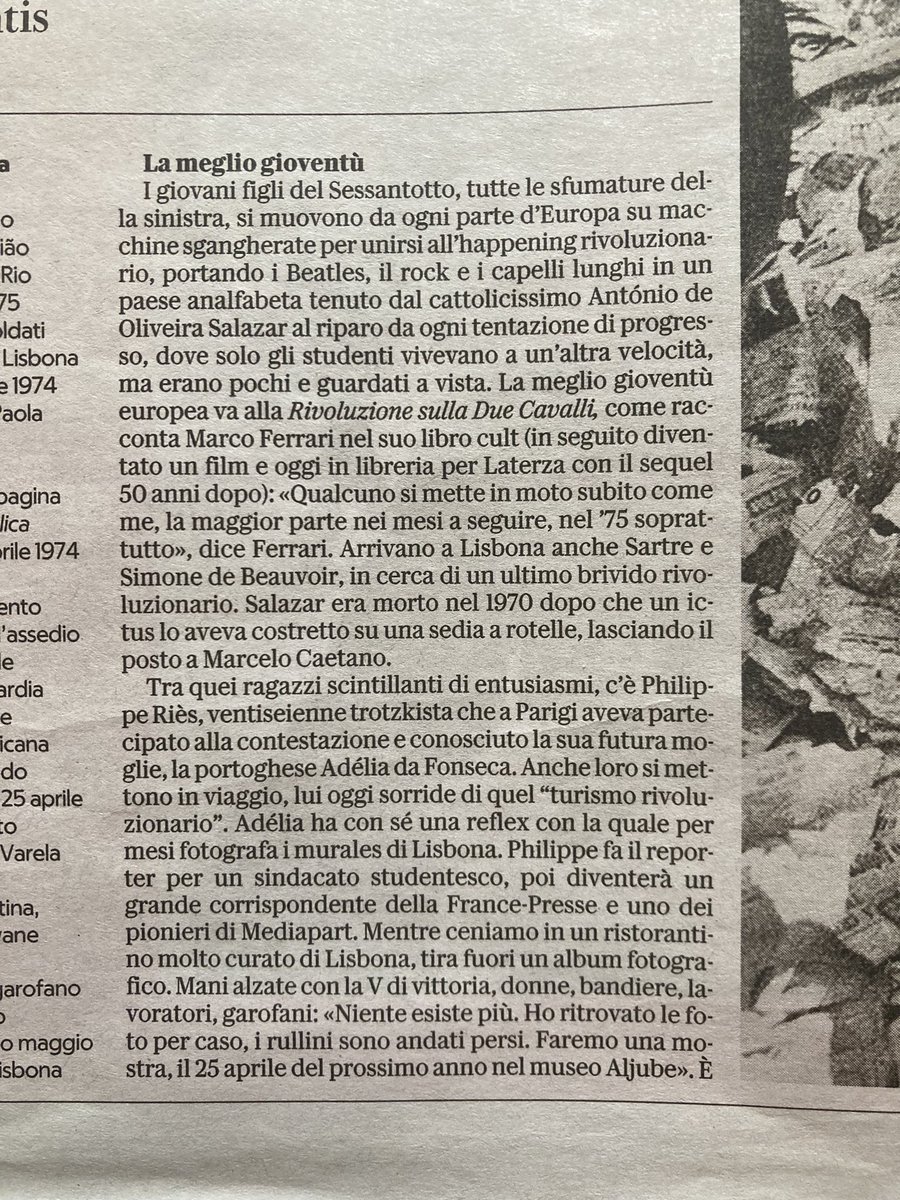 🌹Il 25 aprile il Portogallo festeggia 50 della Rivoluzione dei garofani. Su @Robinson_Rep l’articolo di RaffaellaDe Santis. ‘Alla Rivoluzione sulla Due Cavalli’ torna libreria in una nuova edizione contenente il sequel 50 anni dopo. @editorilaterza #Antifascismo #portogallo