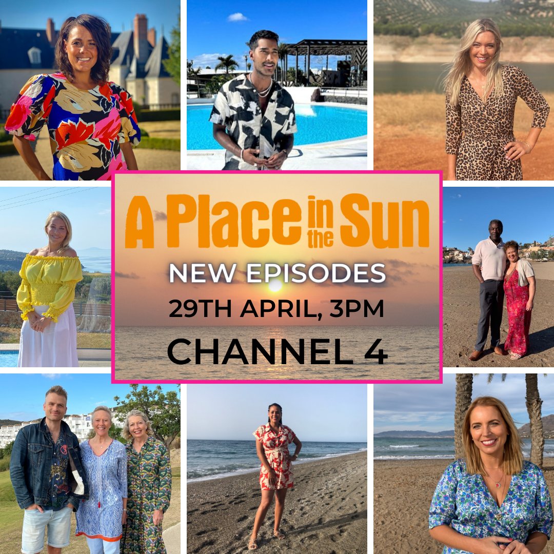 Brand new episodes of #APlaceInTheSun are coming! Starting on 29th April at 3pm on @Channel4, tune in to see house hunters searching for their dream homes abroad, with budgets ranging from £50,000 to £300,000! 🏡🌞 #ComingSoon #NewEpisodes