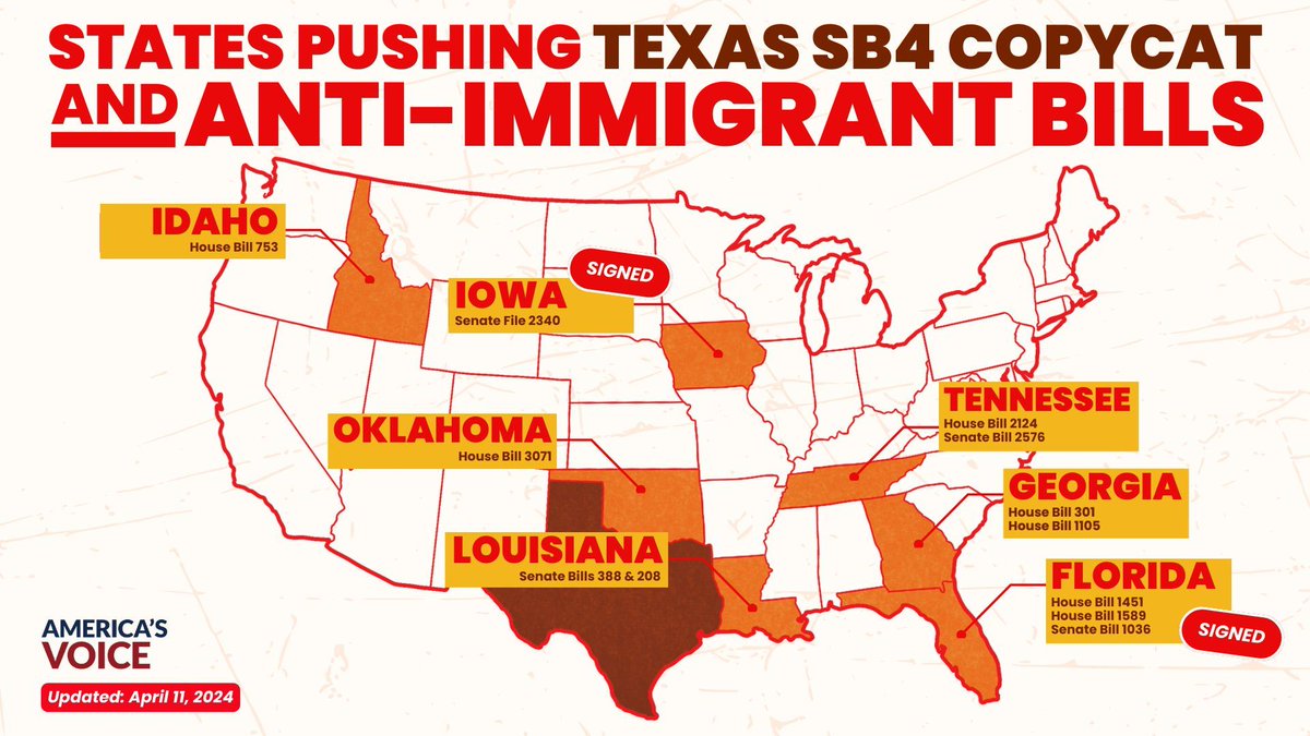 As Republican-controlled states rush to enact their versions of #SB4, let's remember the real impact: economic damage, civil rights violations, and a climate of fear. This will hurt immigrants AND state residents.

Learn more about these copy-cat bills: bit.ly/49BKdOS