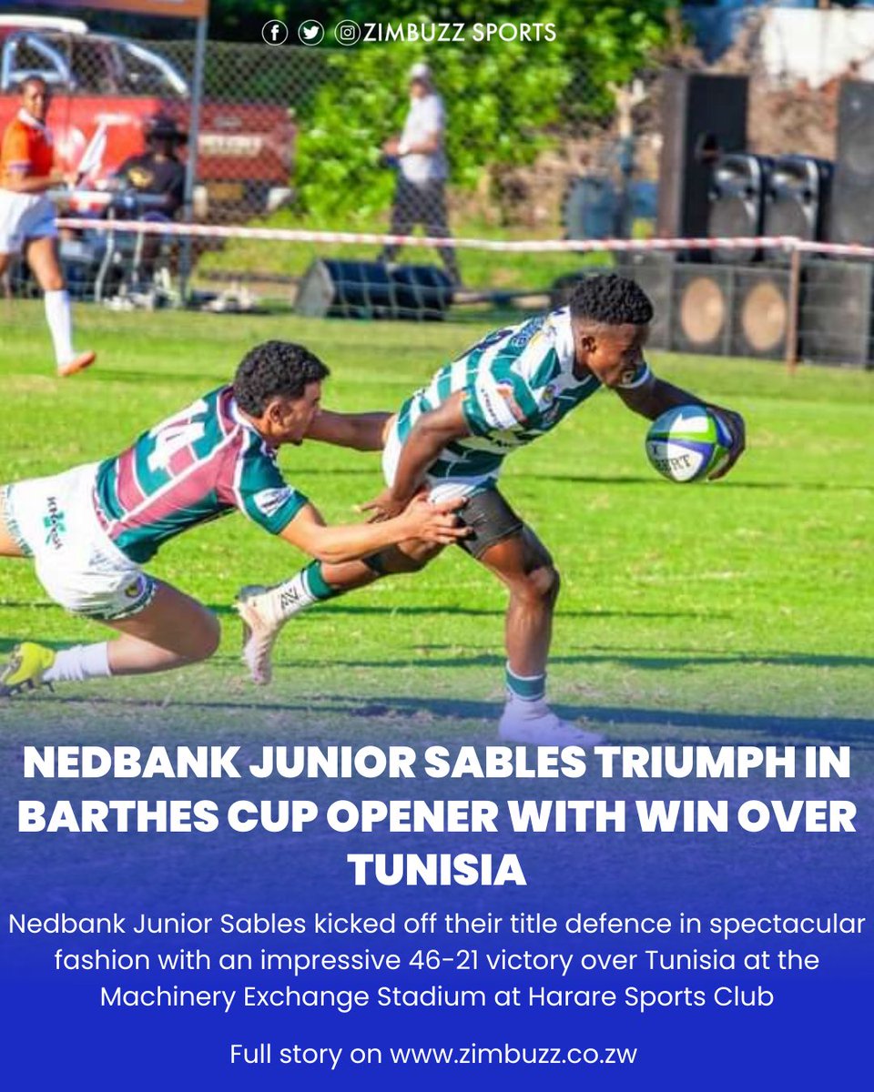 Nedbank Junior Sables kicked off their title defence in spectacular fashion with an impressive 46-21 victory over Tunisia at the Machinery Exchange Stadium at Harare Sports Club. Full story on zimbuzz.co.zw