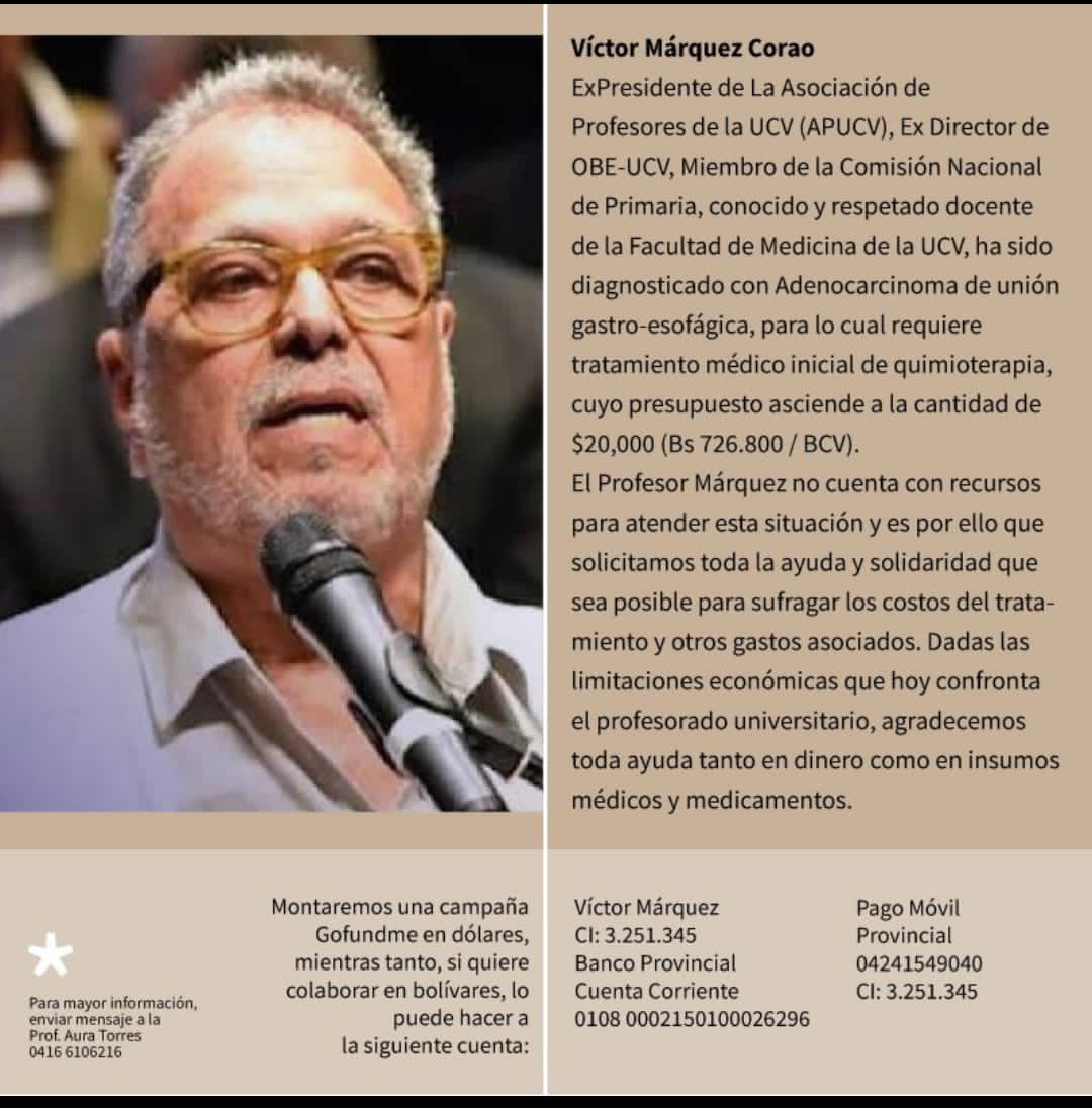 APUCV's tweet photo. Solidaridad:
El profesor Víctor Márquez, expresidente de la APUCV, necesita nuestro apoyo para recuperar su salud.

Deseamos pronta y plena recuperación para  él. https://t.co/qE1hT2KddC