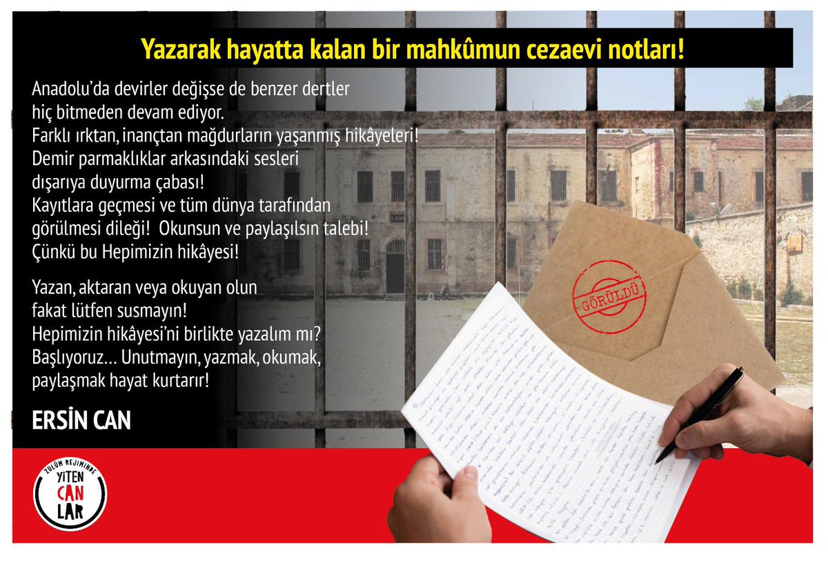 #KHK'lı bir Eğitimci-Yazarın, cezaevindeyken şahit olduğu ve yaşadığı olaylar. 🔴Kader arkadaşlığı yaptığı farklı ırktan, inançtan ve meslek gruplarından mağdurların hikâyeleri ve günlük notları. 🔴Masum, mazlum ve mağdur insanların sesini duyurma ve katkı sağlamak.ÇOK YAKINDA!