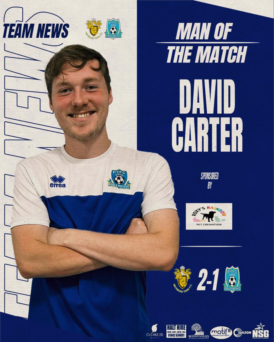 𝐌𝐚𝐧 𝐨𝐟 𝐭𝐡𝐞 𝐦𝐚𝐭𝐜𝐡 

𝐃𝐚𝐯𝐢𝐝 𝐂𝐚𝐫𝐭𝐞𝐫

Yesterday’s man of the match went to goalkeeper David Carter who was outstanding throughout making a number of top saves to keep us in the game up until the final whistle.

David is sponsored by Roxy’s Rainbow Pet Cremation