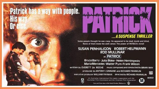 PATRICK (1978): Franklin's first Hitchcockian thriller is wildly suspenseful yarn of young man who committed matricide and now comatose, spooking hospital staff w/his 'psychokinesis.' The Master's protégé delivers an Ozploitation classic which became stunning worldwide hit. 4.5/5