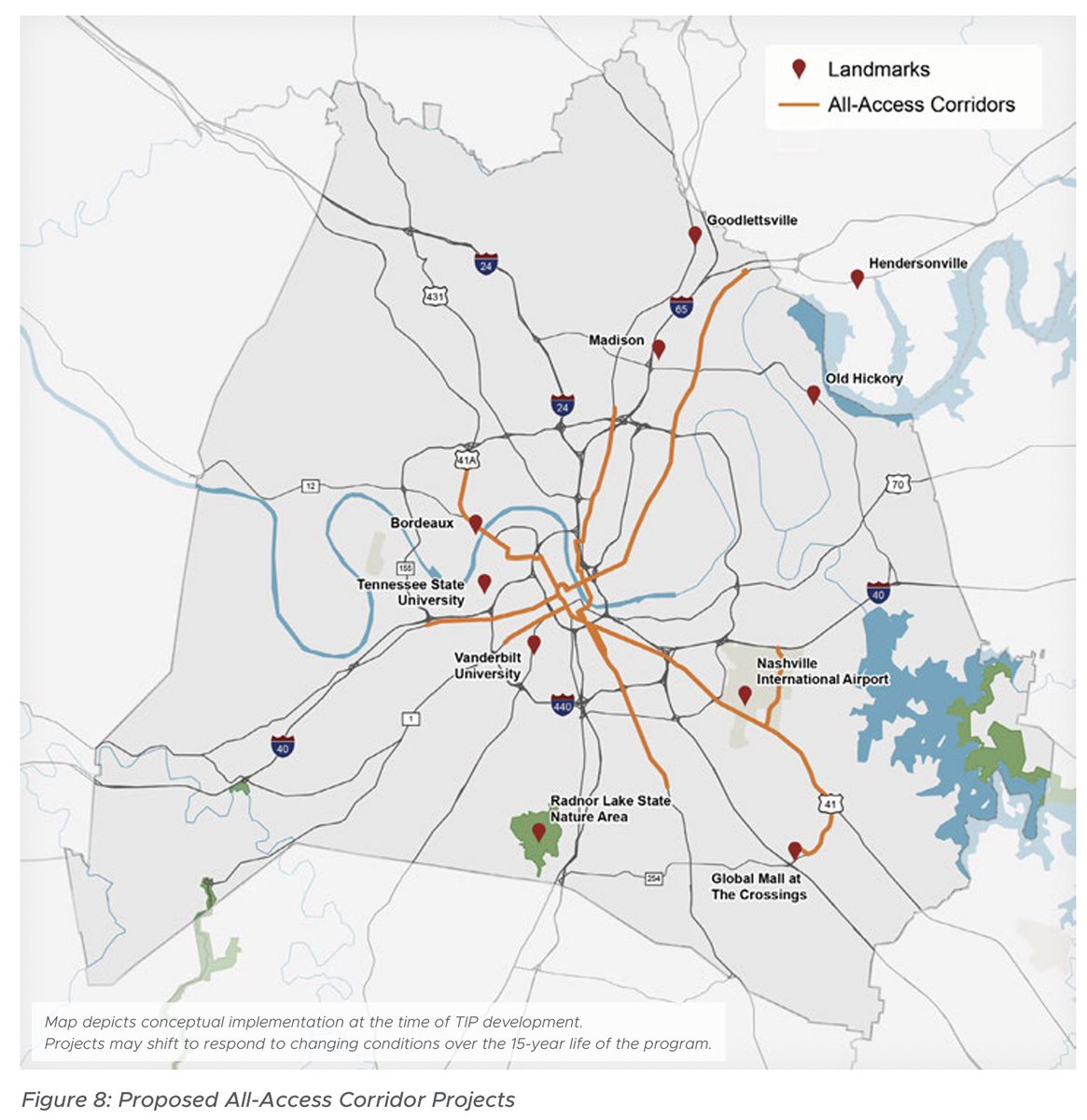 Nashville Mayor reveals transportation investment plan funded by a 1/2-cent sales tax to be put on the ballot this Nov, after council approval. Plan includes 54 miles of 'high-frequency' 'All-Access' bus corridors 'with strategically located dedicated transit-only lanes'