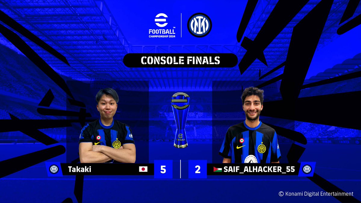 ⚽ Console Grand Final Result ❗️ 🏆 @Takakii_7 🇯🇵 5- 2 @55Alhacker 🇯🇴 CONGRATS @Takakii_7 , GG @55Alhacker 🇯🇴 NOW, last match of the day, Mobile finals: 📱 @Gu_038games 🇯🇵 🆚 #HA_baCCha-ZORO 🇮🇳 📺 bit.ly/InterFinals 👀 Let's #BeChampions together ❗️ #eFootball2024