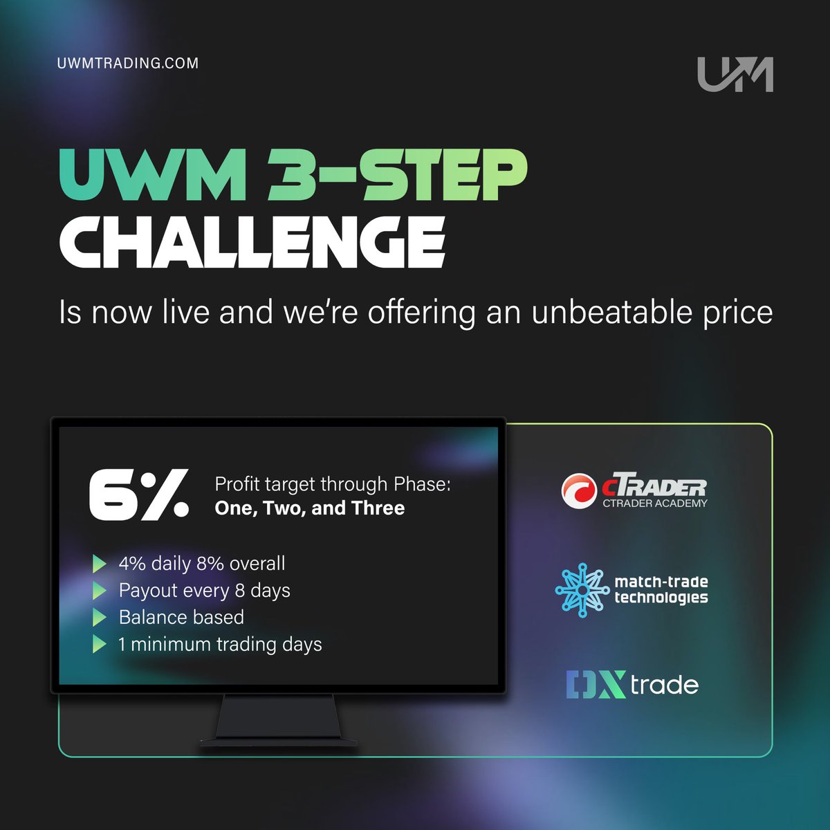 Our 3-Step Challenge Is Now LIVE 💚

Balance based 
Payouts every 8 days 
1 Minimum trading days

3-Steps challenge prices (Using a Discount) 

$10k account:         $50
$25k accounts:       $108
$50k accounts:       $158
$100k accounts:     $266
$200k accounts;    $406
$300k