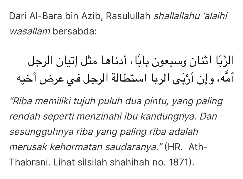 For muslim only : Mungkin ini akan mentrigger banyak org tapi fyi dosa riba itu buanyak, dan dosa riba yg PALING RENDAH adalah setara dgn dosa berzina dengan ibu kandung. Itu yg paling rendah.