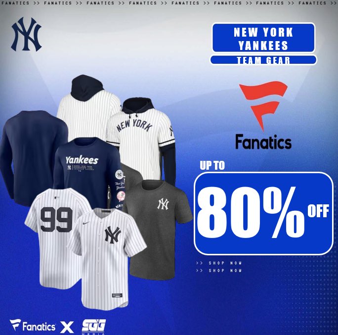 NY YANKEES MEGA SALE, @Fanatics, UP TO 80% OFF YANKEES GEAR! 🏆 YANKEES FANS‼️ Get up to 80% OFF on your team’s gear today at Fanatics using THIS PROMO LINK: fanatics.93n6tx.net/YANKEES70 📈 DEAL ENDS TODAY! 🤝