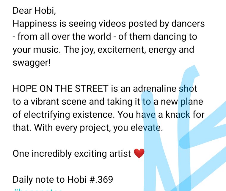 Today's ✍️ to Hobi:
Daily note to Hobi #.369
#hopenotes 
#to_jhope
#jhope #제이홉
#HOPE_ON_THE_STREET