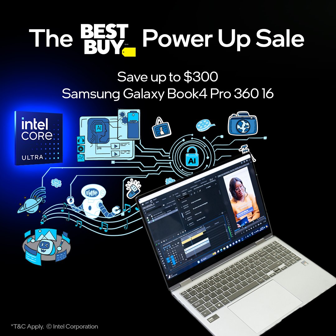 Treat yourself to the @SamsungCanada Galaxy Book4 Pro 360 16' touchscreen two-in-one laptop powered by #IntelCoreUltra 7 as part of the Power Up Sale at @BestBuyCanada! 💫 With up to $300 in savings, this deal won't last long: intel.ly/3xJKm5p