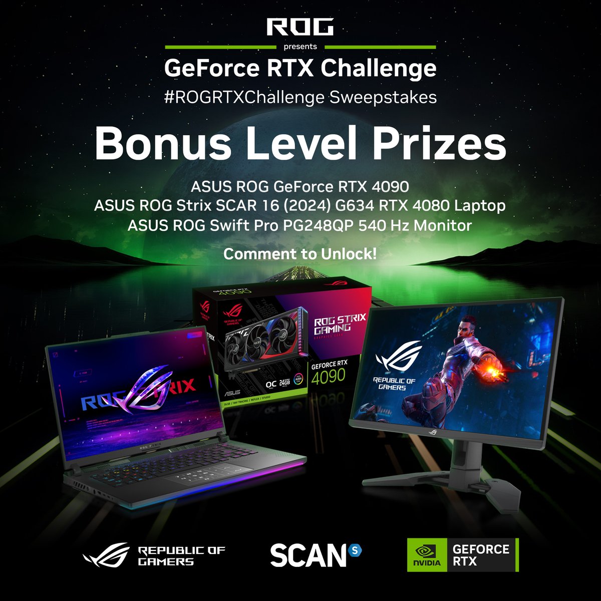 You only have until 22:00 UK ⏳ to unlock the bonus level prizes! 🟢 ROG RTX 4090 🟢 Strix SCAR 16 RTX 4080 Laptop 🟢 ROG Swift Pro Monitor! These amazing prizes can be yours! To help unlock them and be in with a chance of winning: RT/comment with #ROGRTXChallenge