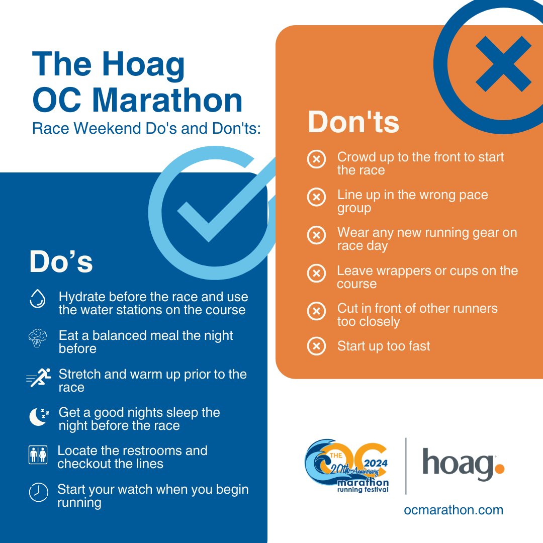OCMarathon's tweet photo. Race day is approaching fast! Here are some quick do's and don'ts to keep in mind for a successful and enjoyable race experience.

Visit our website for more information https://t.co/9JA85sLRwP

@hoaghealth https://t.co/xacmTDIOhw