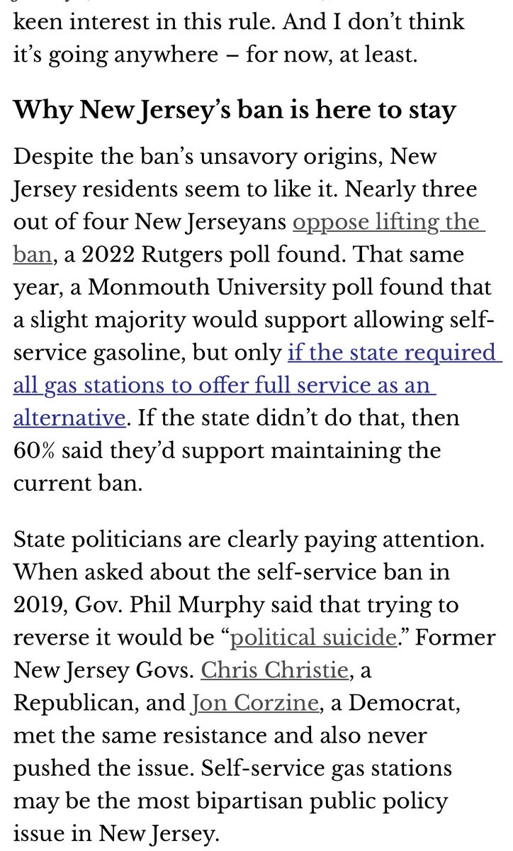 Nearly three quarters of voters in New Jersey like the fact that they’re banned from pumping their own gas. It’s important to understand the extent to which normies just unthinkingly worship the status quo.