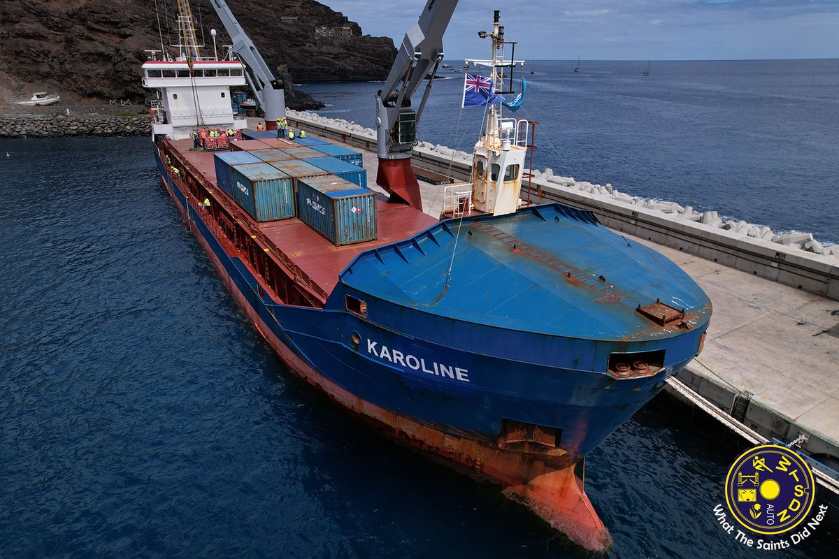 GOODS IN
Cargo discharge underway from MV Karoline, alongside at Rupert's jetty.

#sthelenaisland #rupertsjetty #shippingcontainers #dronephotography