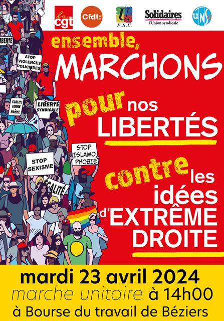 A Béziers tou.t.e.s uni.e.s pour nos libertés et contre les idées de l'extrême droite.
@FsuNationale @lacgtcommunique @UnionSolidaires @CFDT @UNSA_officiel 
#ensemblepournoslibertés #ensemblecontrelextrêmedroite #liberté #égalité #fraternité