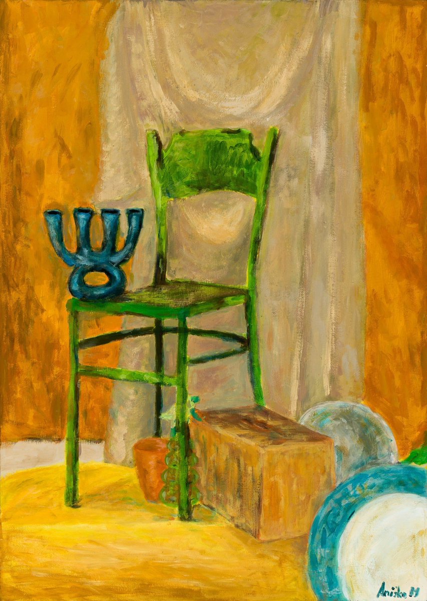 'Still Life with Green Chair,' a 2009 acrylic painting on HDF panel, measures 27.5' x 19.7' / 70 x 50 cm. The original piece is currently available on SALE at: buff.ly/3J74sck 🎨 #art #contemporaryart #fineart #painting #stilllife