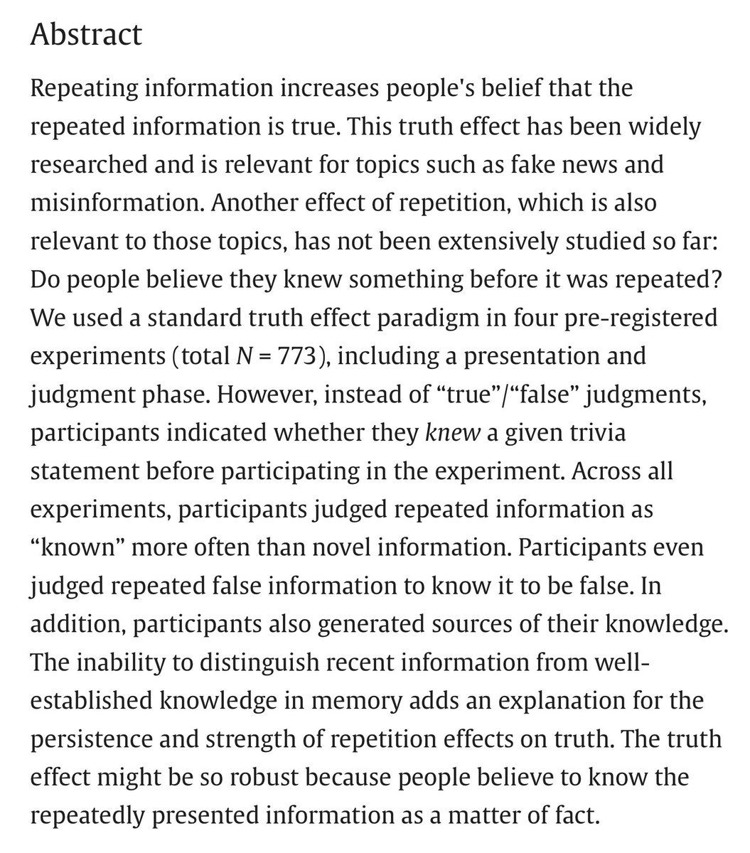 Illusions of knowledge due to mere repetition doi.org/10.1016/j.cogn…