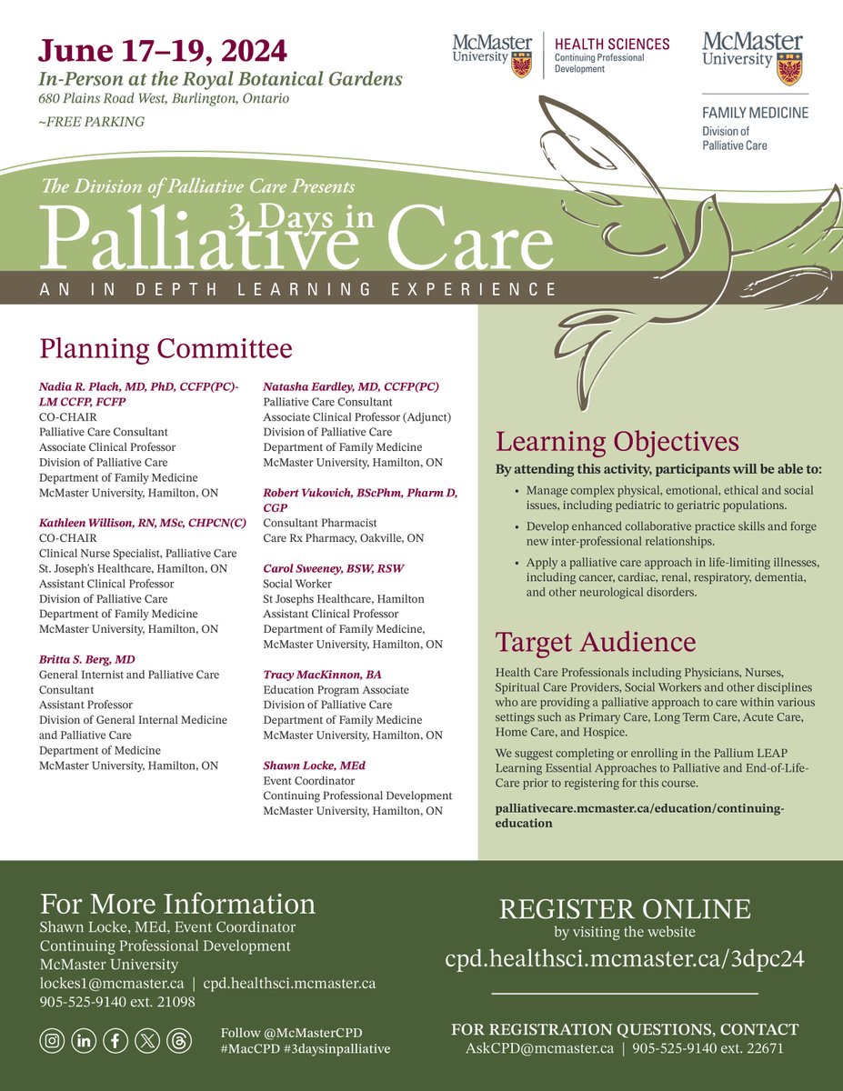 🫶 Register today for 3 Days in Palliative Care 2024!

🐤 Early bird rate ends April 30, 2024
🗓️ Event Dates: June 17 to 19, 2024
📍 Royal Botanical Gardens, Burlington, ON

Register: cpd.healthsci.mcmaster.ca/events/3dpc24

#PalliativeCare #HealthcareProfessionals #ContinuousLearning #MacCPD