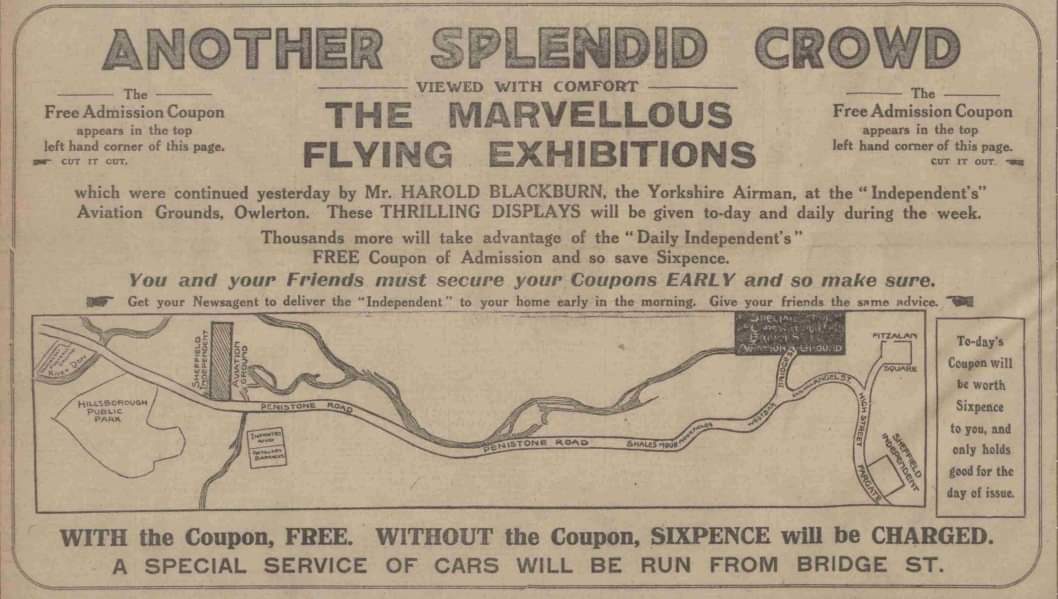 Did someone say #Blackburn? 110 years ago The Flying Yorkshireman, Harold Blackburn, flew his Blackburn over the #swfc ground. They were playing Blackburn. Sheffield Aviation Week Sheffield Independent - Thursday 26 March 1914 Well done Wednesday!