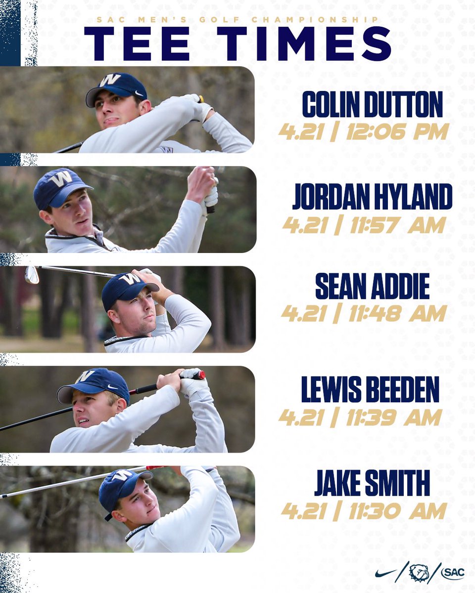 SAC Tourney Day One! @Wingate_MGolf gets underway in the opening round of the SAC Tourney at 11:30 this morning in South Carolina! Follow Live | shorturl.at/ATXY5 #OneDog