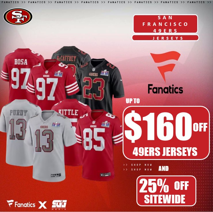 SAN FRANCISCO 49ERS SUPER SALE @Fanatics🏆 49ER FANS‼️Take advantage of Fanatics EXCLUSIVE OFFER and get up to $160 OFF San Francisco 49ers jerseys using THIS PROMO LINK: fanatics.93n6tx.net/49ersSALE 📈 DEAL ENDS TONIGHT! 🤝