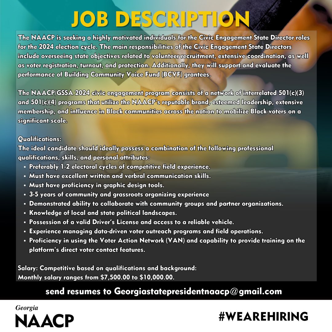 We are excited to announce an opportunity to join the Georgia NAACP team as a Civic Engagement Director. This position is crucial in advancing our mission of promoting equality, justice, and civil rights for all Georgians. #gapol #NAACP #GeorgiaNAACP