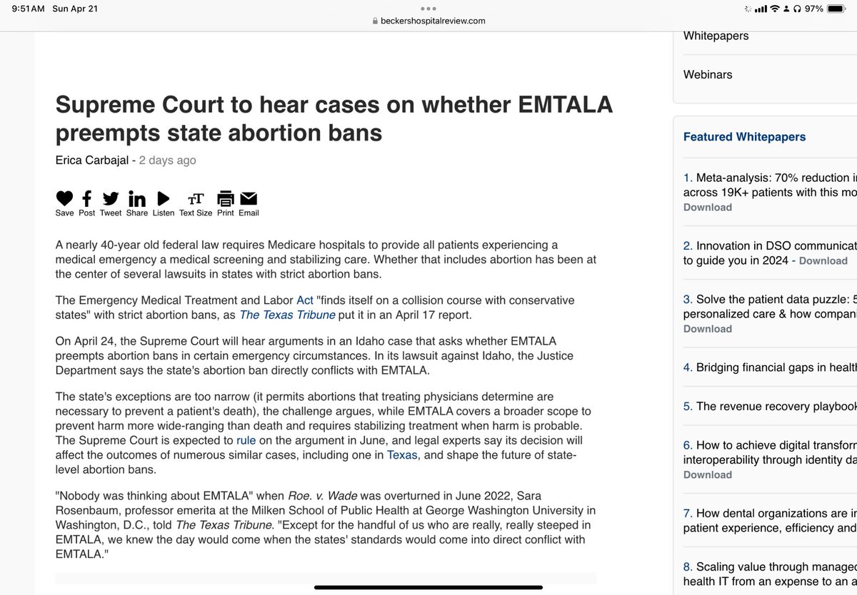 This is will be a paramount #SCOTUS case for @EmergencyDocs.  Whether #EMTALA preempts state laws that restrict abortion. Recall that traditionally the decision whether the Pt has an “emergency medical condition” (EMC) & is in need of stabilizing care is the sole province of the
