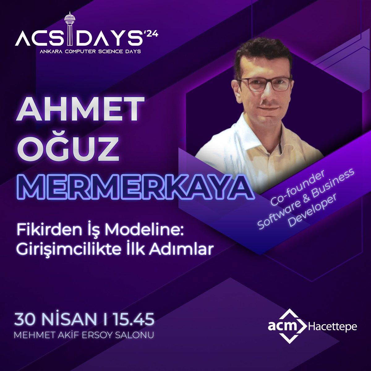 Co-founder - Software & Business Developer Ahmet Oğuz Mermerkaya 30 Nisan 15.45'te Hacettepe Mehmet Akif Ersoy Salonu'nda 'Fikirden İş Modeline: Girişimcilikte İlk Adımlar' konulu oturumu ile bizlerle olacak.🥳