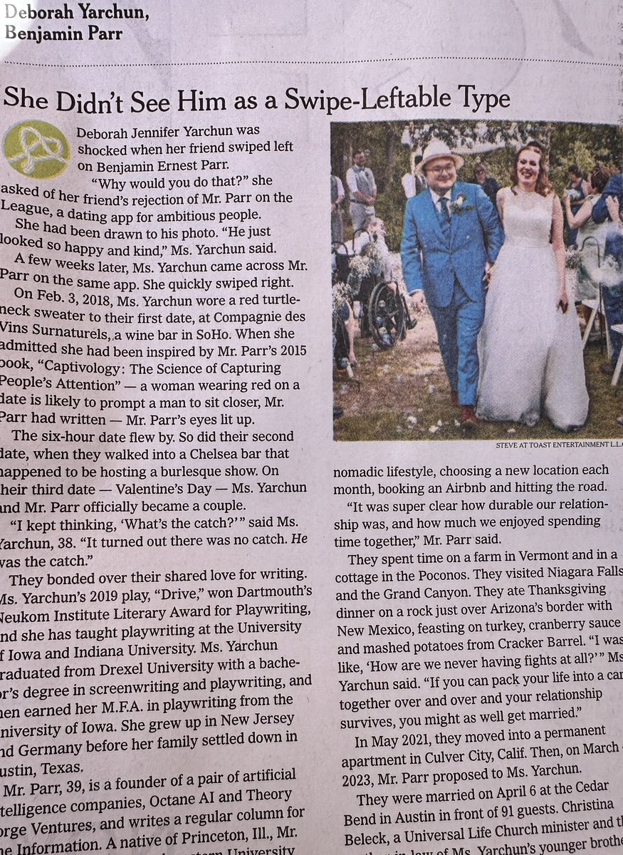 How cool to see the wedding of @benparr and @DeborahYarchun in the NYT!! Complete with a dating app joke! Congratulations to Ben and Deborah!