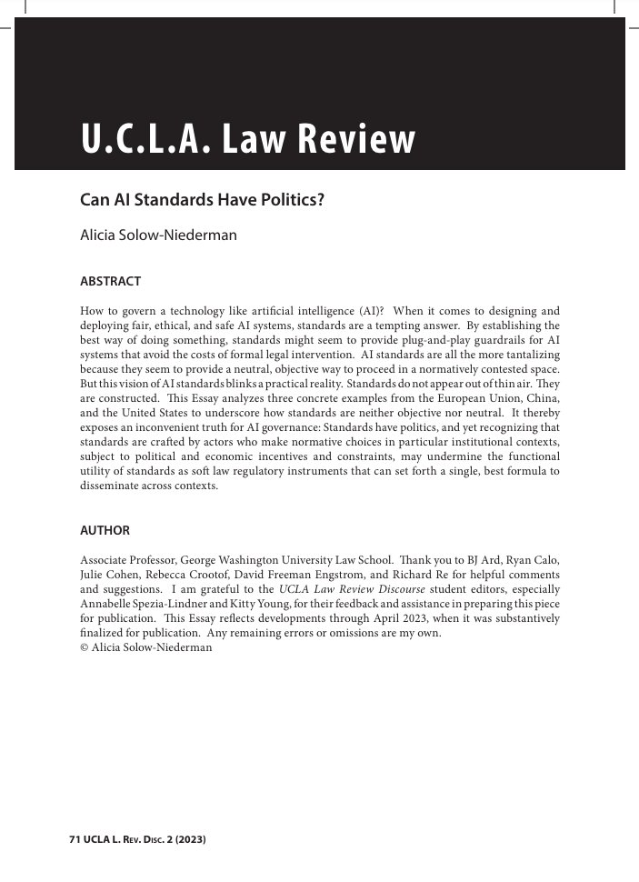 🚨 Excellent AI paper alert: 'Can AI Standards Have Politics?' by @Alicia_S_N. A must-read for everyone interested in AI policy, governance & regulation: 'The very formation of standards is political because the standards development and diffusion process reflects a particular…