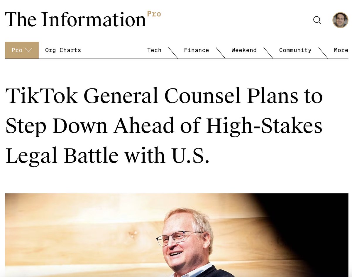 news: TikTok GC plans to step down as the company is about to start a court challenge to a U.S. law, which Biden could sign this week, to force a divestiture of the app (or otherwise ban it). theinformation.com/articles/tikto… by @JuroOsawa