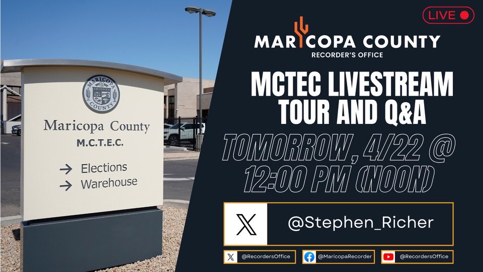 Livestream election tour of MCTEC. Tomorrow (Monday). Noon AZ time. 3:00 PM eastern. Go to my Twitter account. Or the Twitter, Facebook, or YouTube account of ⁦@RecordersOffice⁩. Will include live Q&A.
