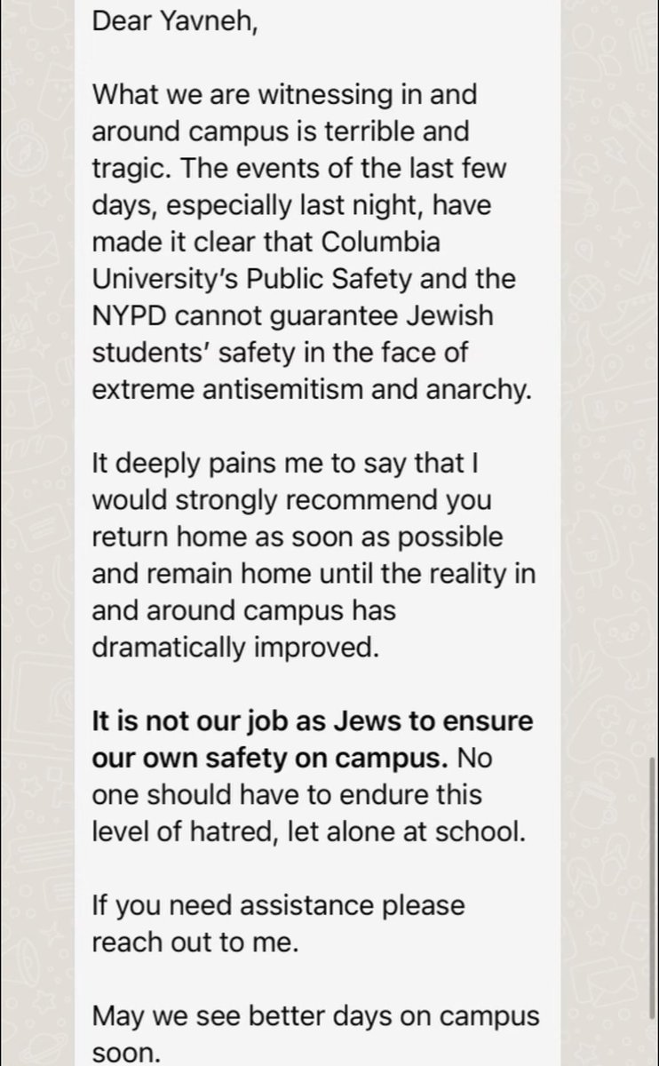 2024: @Columbia rabbi tells Jewish students to go home because they are no longer safe on campus.