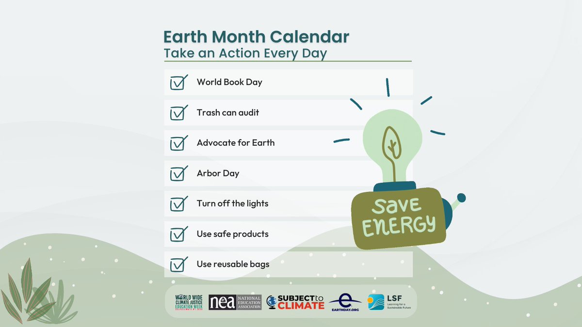 Approaching #EarthDay! Join in for World Book Day, trash audits, Earth advocacy, Arbor Day, and Art for the Earth. Explore rich topics in our Earth Month Calendar 🌍 @EarthDay @worldwideTI @LSF_LST @NEAToday Link 👉bit.ly/49EoFBB #ClimateEducation