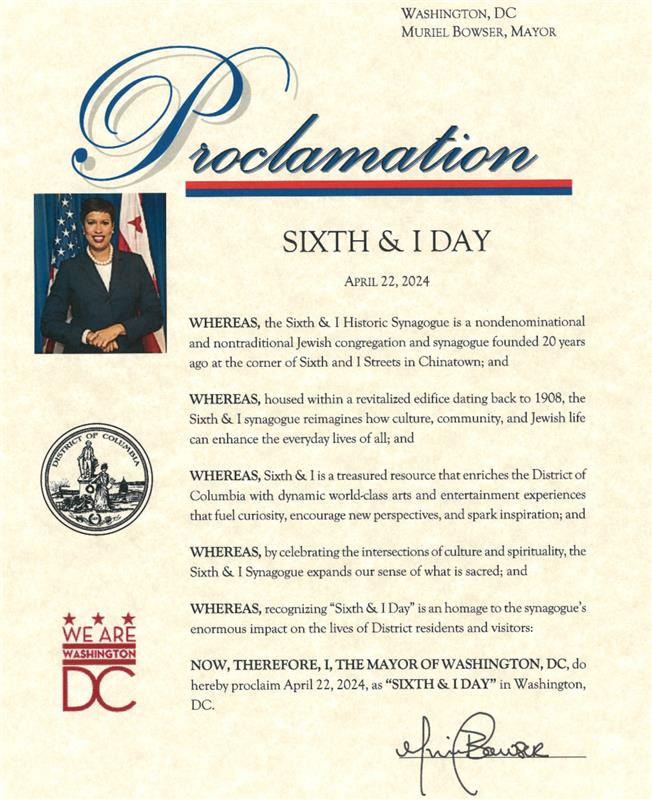 We’re honored that @MayorBowser declared April 22 Sixth & I Day in Washington, DC in celebration of the impact we’ve made in the DC community and beyond for 20 years. Share this post to spread the word far and wide. #sixthandi20
