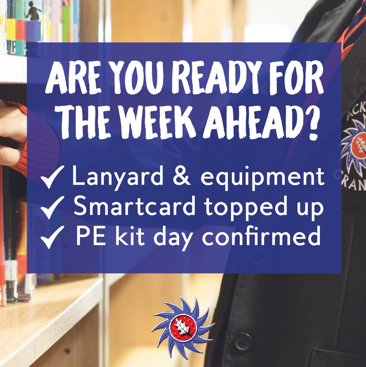 Are you ready for the week ahead? 🤔 ✅ Lanyard & equipment ✅ Smartcard topped up ✅ PE kit day confirmed We can't wait to see everyone tomorrow, and don't forget FREE breakfast from 8am 👍