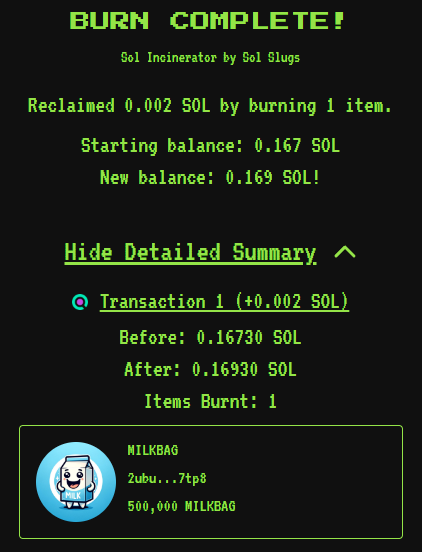 Burned another 500,000 #MILKBAG today!🥛🔥 solscan.io/tx/2Dbd9JKsKTY…