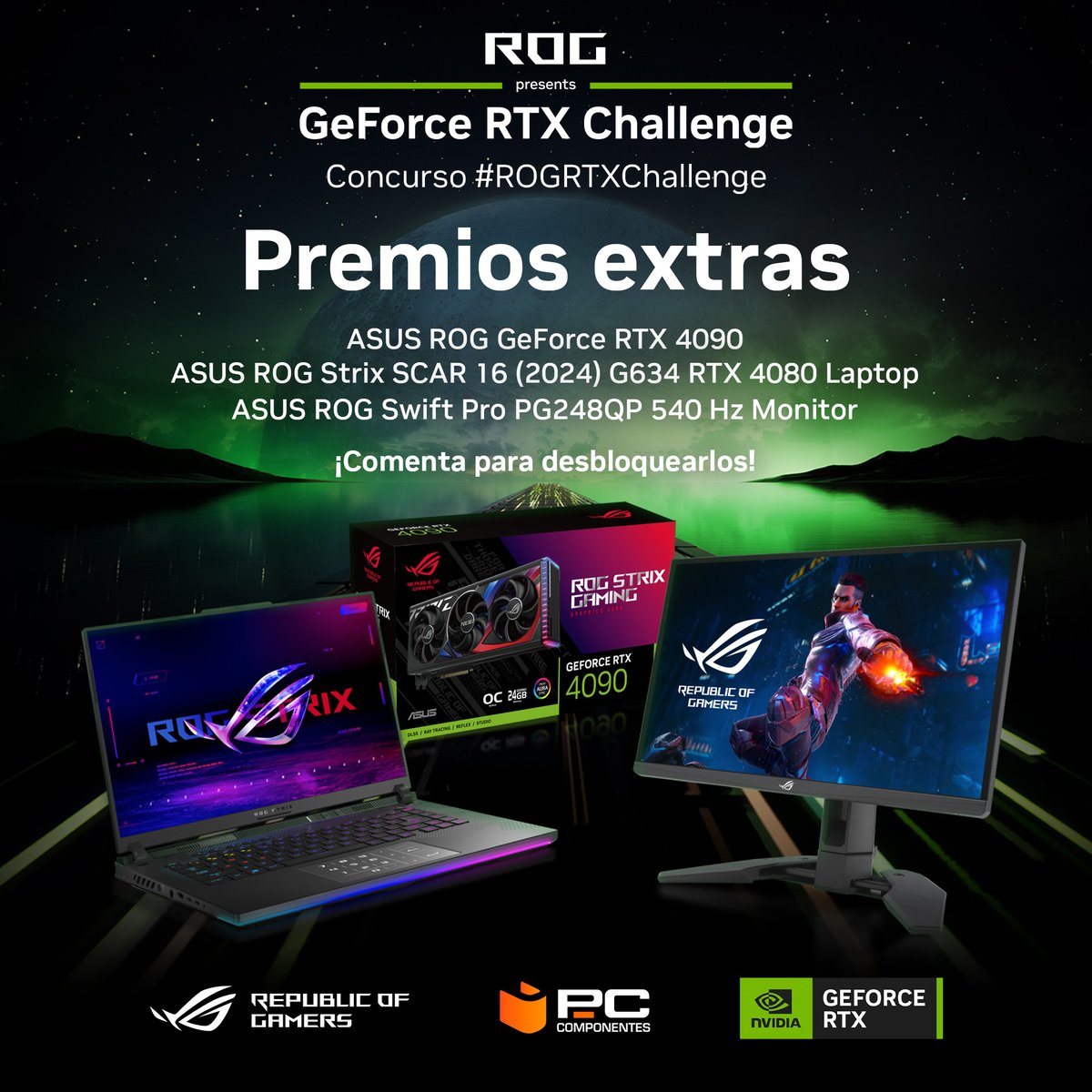 Tenéis hasta las 23:00 hora para desbloquear los premios extras:
Una ROG RTX 4090, un portátil Strix SCAR 16 con RTX 4080 y un monitor ROG Swift Pro.

Todos estos premios pueden ser tuyos. Ayúdanos a desbloquearlos y participa haciendo RT o comentando con #ROGRTXChallenge.