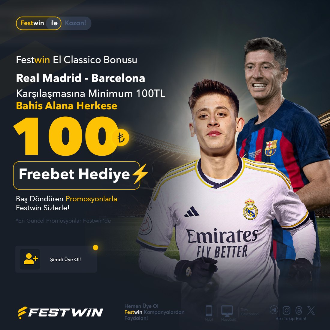 ⚡️ Festwin' den El Classico Heyecanı! 🍀 Real Madrid 🫢 Barcelona Karşılaşmasına minimum 100₺ bahis alan herkese 100₺ Freebet Bizden 🍀 Bahisini al, El Classico le kazanan sen ol 👍 ⚡ Festwin Giriş bit.ly/festwinsosyal