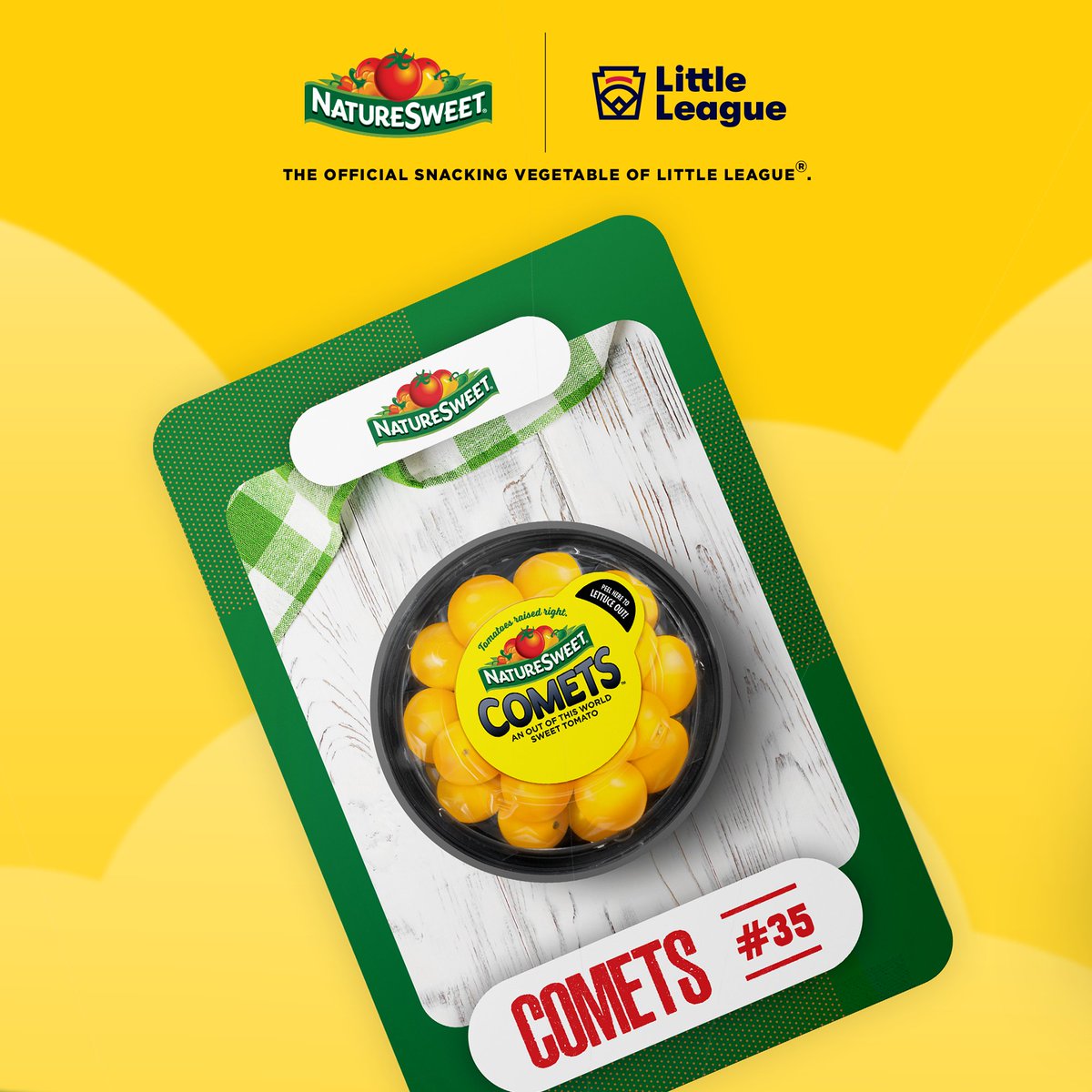 NatureSweet Comets are the sweetest on our team. With their irresistible flavor, they're stealing bases and winning hearts. Score big with these little wonders! 💛🧢 #naturesweet #dugoutdelights #littleleague #tomatoes #raisedright #softball #baseball #teamplayer