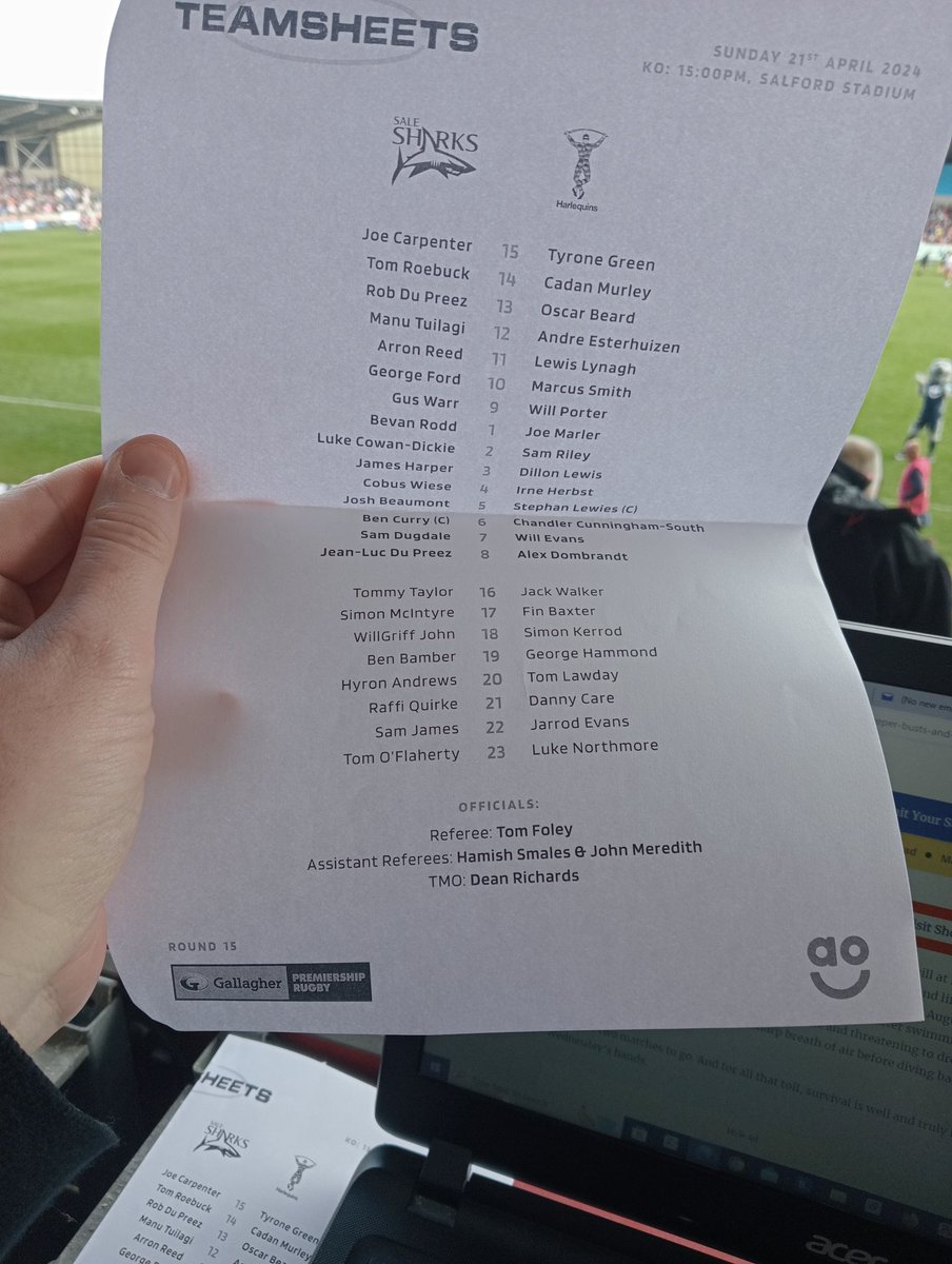 Sale Sharks v Harlequins. Huge game in the race for the play-offs. Pretty much win or bust for Alex Sanderson’s men. #PremRugby