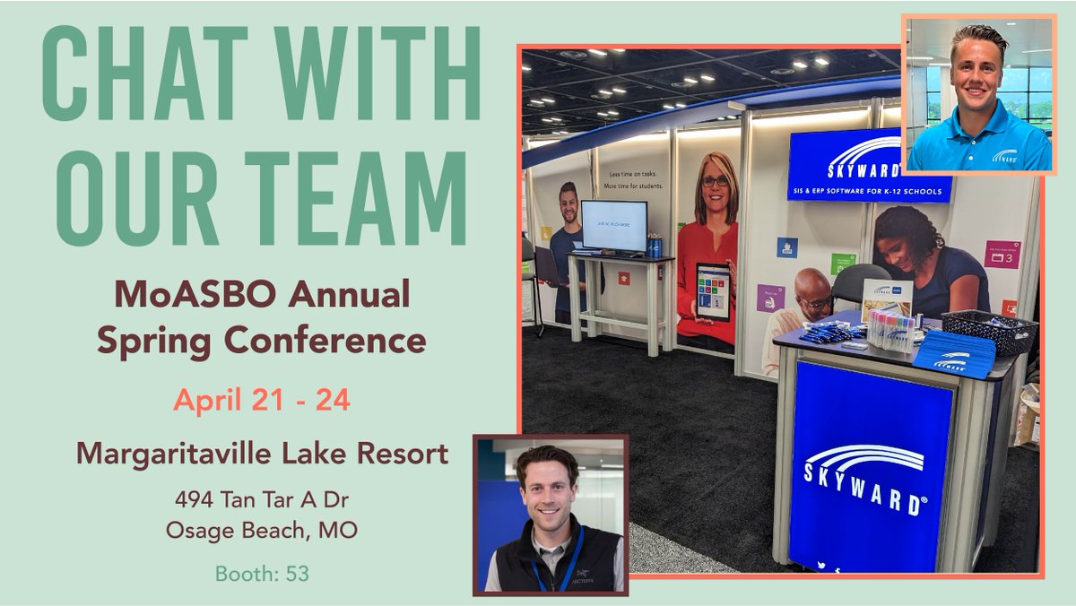 Skyward_Inc's tweet image. It's official: #MoASBO2024 has begun! 🤩

Be sure to add "visit booth 53" to your conference agenda this week — @Cup_Of_K12_Joe and @Reece_Leyh can't wait to connect!

@moasbo #MoASBO #SIS #ERP