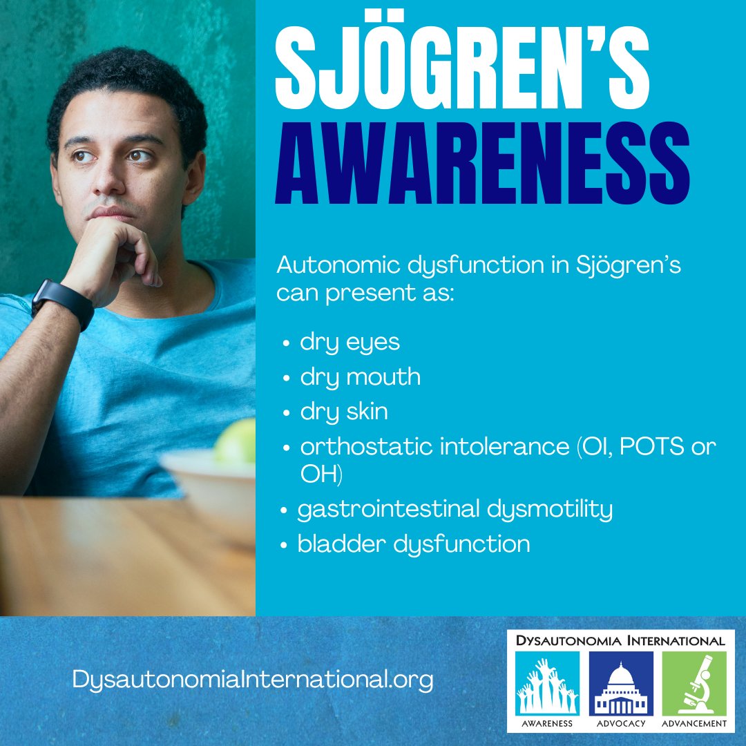 Sjogren's is estimated to impact 4M Americans, but 75% remain undiagnosed. If you have #dysautonomia with dry eyes, dry mouth, any form of neuropathy, or any family history of an autoimmune disease, we encourage you to get screened for Sjogren's. #SjogrensAwarenessMonth